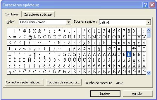 Raccourcis sous Word